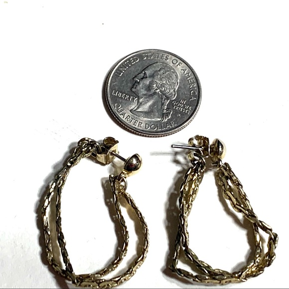 Double Twisted Herringbone Chain Hoop Front Back Earrings Gold Tone Pierced Ears - Picture 5 of 6